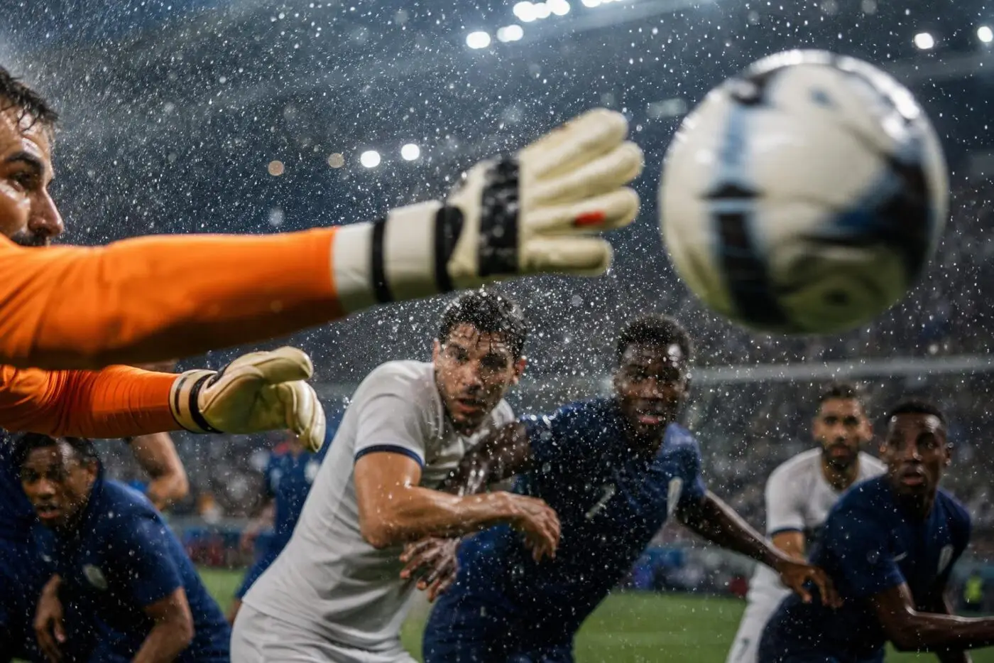 Goalkeeper gloves punching away a football in a crowded penalty area