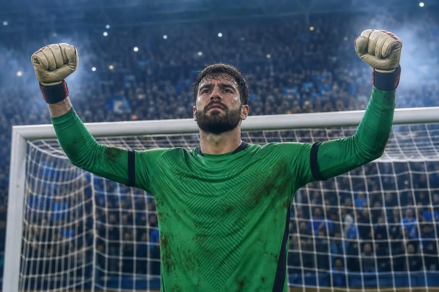 An underdog goalkeeper celebrating a clean sheet in a packed stadium
