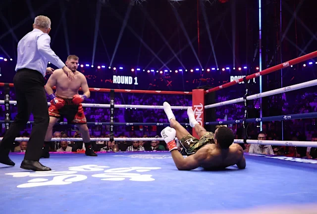 Anthony Joshua lands the finishing shot on Kristian Prenga