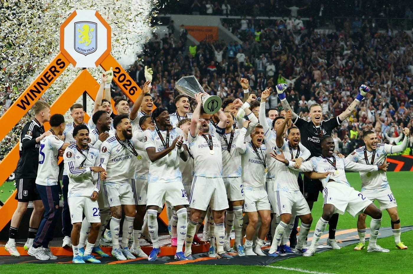 Aston Villa players celebrate winning the 2026 UEFA Europa League