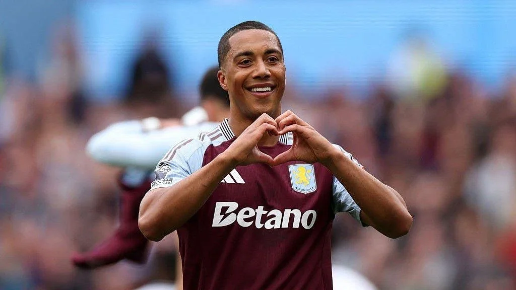 Youri Tielemans celebrates a goal for Aston Villa before his move to Manchester United